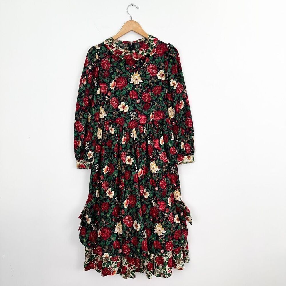 Handmade Vintage Christmas Poinsettia Floral Girls Maxi Length Holiday dress